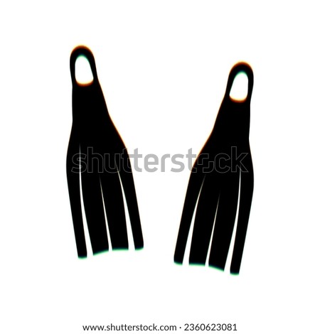 Diving flippers sign. Black Icon with vertical effect of color edge aberration at white background. Illustration.
