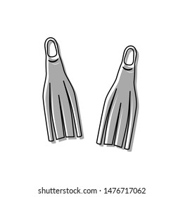 Diving flippers sign. Black line icon with gray shifted flat filled icon on white background. Illustration.