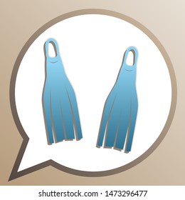 Diving flippers sign. Bright cerulean icon in white speech balloon at pale taupe background. Illustration.
