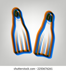 Diving flippers sign. Stroked Icon in orange, azure and old lavender Colors at gray Background. Illustration.