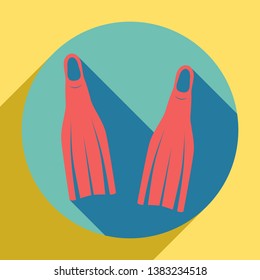 Diving flippers sign. Sunset orange icon with llapis lazuli shadow inside medium aquamarine circle with different goldenrod shadow at royal yellow background.