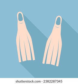 Diving flippers sign. Unbleached silk Icon with very long shadow at dark sky blue background. Illustration.
