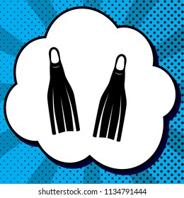 Diving flippers sign. Vector. Black icon in bubble on blue pop-art background with rays.