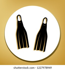 Diving flippers sign. Vector. Black icon with light brown shadow in white circle with shaped ring at golden background.
