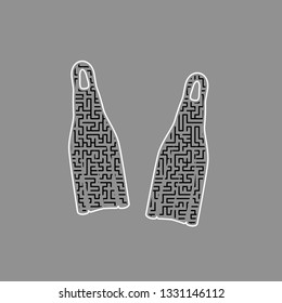 Diving flippers sign. Vector. Black maze filled icon with white border at gray background.