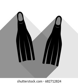 Diving flippers sign. Vector. Black icon with two flat gray shadows on white background.