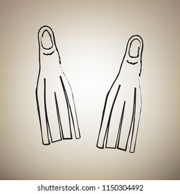 Diving flippers sign. Vector. Brush drawed black icon at light brown background.