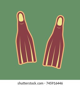 Diving flippers sign. Vector. Cordovan icon and mellow apricot halo with light khaki filled space at russian green background.