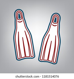 Diving flippers sign. Vector. Dark red, transparent and midnight green stroke of white icon at grayish background.