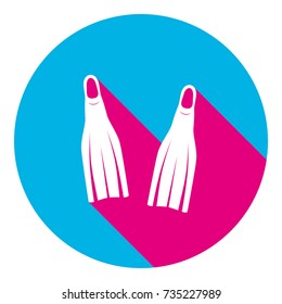 Diving Flippers Sign. Vector. Flat White Icon With Mexican Pink Shadow Inside Sky Blue(S And G) Circle At White Background. Isolated. Trend Colors In 2017.