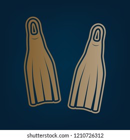 Diving flippers sign. Vector. Golden icon and border at dark cyan background.