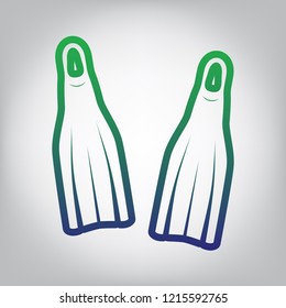 Diving flippers sign. Vector. Green to blue gradient contour icon at grayish background with light in center.