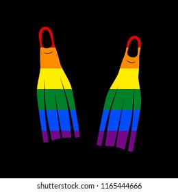 Diving flippers sign. Vector. Icon with colors of LGBT flag at black background.