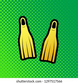 Diving flippers sign. Vector. Pop art orange to yellow dots-gradient icon with black contour at greenish background.
