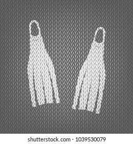 Diving flippers sign. Vector. White knitted icon on gray knitted background. Isolated.