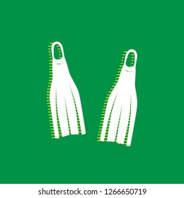 Diving flippers sign. Vector. White flat icon with yellow striped shadow at green background.