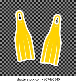 Diving flippers sign. Vector. Yellow icon with white contour on dark transparent background.