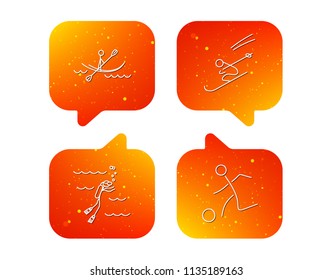 Diving, football and skiing icons. Kayaking linear sign. Orange Speech bubbles with icons set. Soft color gradient chat symbols. Vector