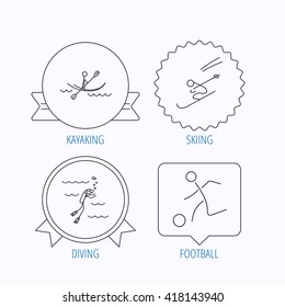 Diving, football and skiing icons. Kayaking linear sign. Award medal, star label and speech bubble designs. Vector