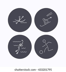 Diving, football and skiing icons. Kayaking linear sign. Flat icons in circle buttons on white background. Vector