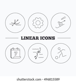 Diving, football and skiing icons. Kayaking linear sign. Flat cogwheel and calendar symbols. Linear icons in circle buttons. Vector
