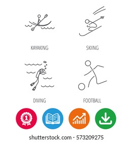 Diving, football and skiing icons. Kayaking linear sign. Award medal, growth chart and opened book web icons. Download arrow. Vector