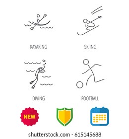 Diving, football and skiing icons. Kayaking linear sign. Shield protection, calendar and new tag web icons. Vector