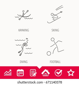 Diving, football and skiing icons. Kayaking linear sign. Edit document, Calendar and Graph chart signs. Star, Check and House web icons. Vector