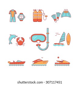 Diving and freediving equipment, boats thin line icons set. Modern flat style symbols isolated on white for infographics or web use.