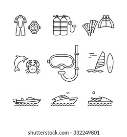 Diving and freediving equipment, boats thin line art icons set. Modern black style symbols isolated on white for infographics or web use.