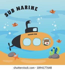 Diving with funny bear driving submarine. Creative vector childish background for fabric, textile, nursery wallpaper, poster, card, brochure. vector illustration background.