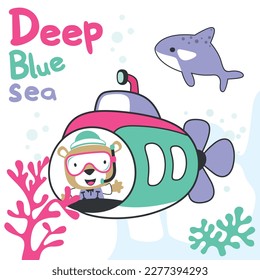 Diving with funny bear driving submarine. Creative vector childish background for fabric, textile, nursery wallpaper, poster, card, brochure. vector illustration background.
