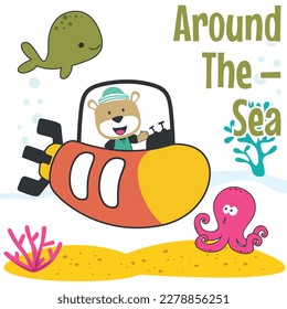 Diving with funny bear driving submarine. Creative vector childish background for fabric, textile, nursery wallpaper, poster, card, brochure. vector illustration background.