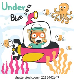 Diving with funny bear driving submarine. Creative vector childish background for fabric, textile, nursery wallpaper, poster, card, brochure. vector illustration background.