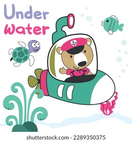 Diving with funny bear driving submarine. Creative vector childish background for fabric, textile, nursery wallpaper, poster, card, brochure. vector illustration background.