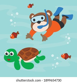 Diving with funny bear and turtle with cartoon style. Creative vector childish background for fabric, textile, nursery wallpaper, poster, card, brochure. vector illustration background.