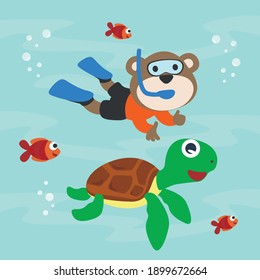 Diving with funny bear and turtle with cartoon style. Creative vector childish background for fabric, textile, nursery wallpaper, poster, card, brochure. vector illustration background.