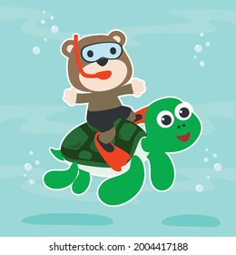 Diving with funny bear and turtle with cartoon style. Creative vector childish background for fabric, textile, nursery wallpaper, poster, card, brochure. vector illustration background.