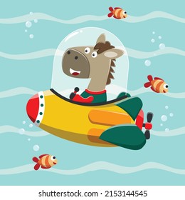 Diving with funny horse driving submarine. Creative vector childish background for fabric, textile, nursery wallpaper, poster, card, brochure. vector illustration background.