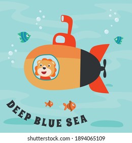 Diving with funny lion driving submarine. Creative vector childish background for fabric, textile, nursery wallpaper, poster, card, brochure. vector illustration background.