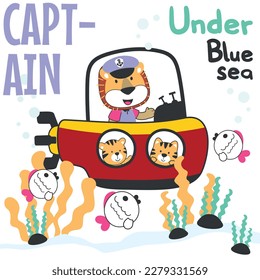 Diving with funny lion driving submarine. Creative vector childish background for fabric, textile, nursery wallpaper, poster, card, brochure. vector illustration background.