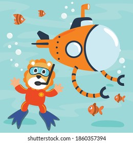 Diving with funny lion and submarine with cartoon style. Creative vector childish background for fabric, textile, nursery wallpaper, poster, card, brochure. vector illustration background.