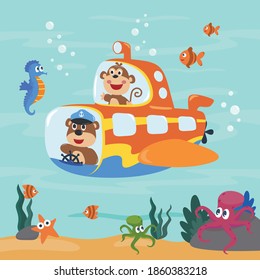 Bucear con un mono gracioso y un submarino manejando oso. Fondo infantil vectorial creativo para tela, textil, papel tapiz, afiche, tarjeta, folleto. fondo de ilustración vectorial.