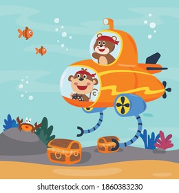 Diving with funny monkey and bear driving submarine. Creative vector childish background for fabric, textile, nursery wallpaper, poster, card, brochure. vector illustration background.
