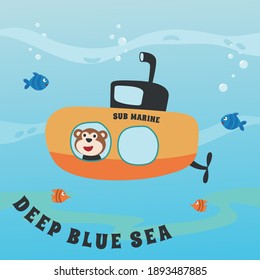 Diving with funny monkey driving submarine. Creative vector childish background for fabric, textile, nursery wallpaper, poster, card, brochure. vector illustration background.