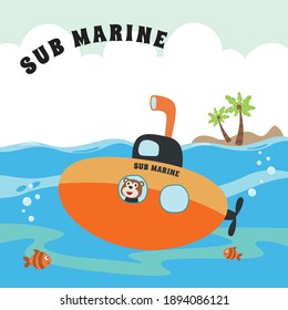 Diving with funny monkey driving submarine. Creative vector childish background for fabric, textile, nursery wallpaper, poster, card, brochure. vector illustration background.