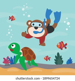 Diving with funny monkey and turtle with cartoon style. Creative vector childish background for fabric, textile, nursery wallpaper, poster, card, brochure. vector illustration background.