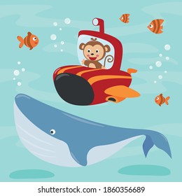 Diving with funny monkey and whale with cartoon style. Creative vector childish background for fabric, textile, nursery wallpaper, poster, card, brochure. vector illustration background.