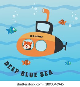 Diving with funny tiger driving submarine. Creative vector childish background for fabric, textile, nursery wallpaper, poster, card, brochure. vector illustration background.