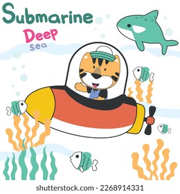 Diving with funny tiger driving submarine. Creative vector childish background for fabric, textile, nursery wallpaper, poster, card, brochure. vector illustration background.